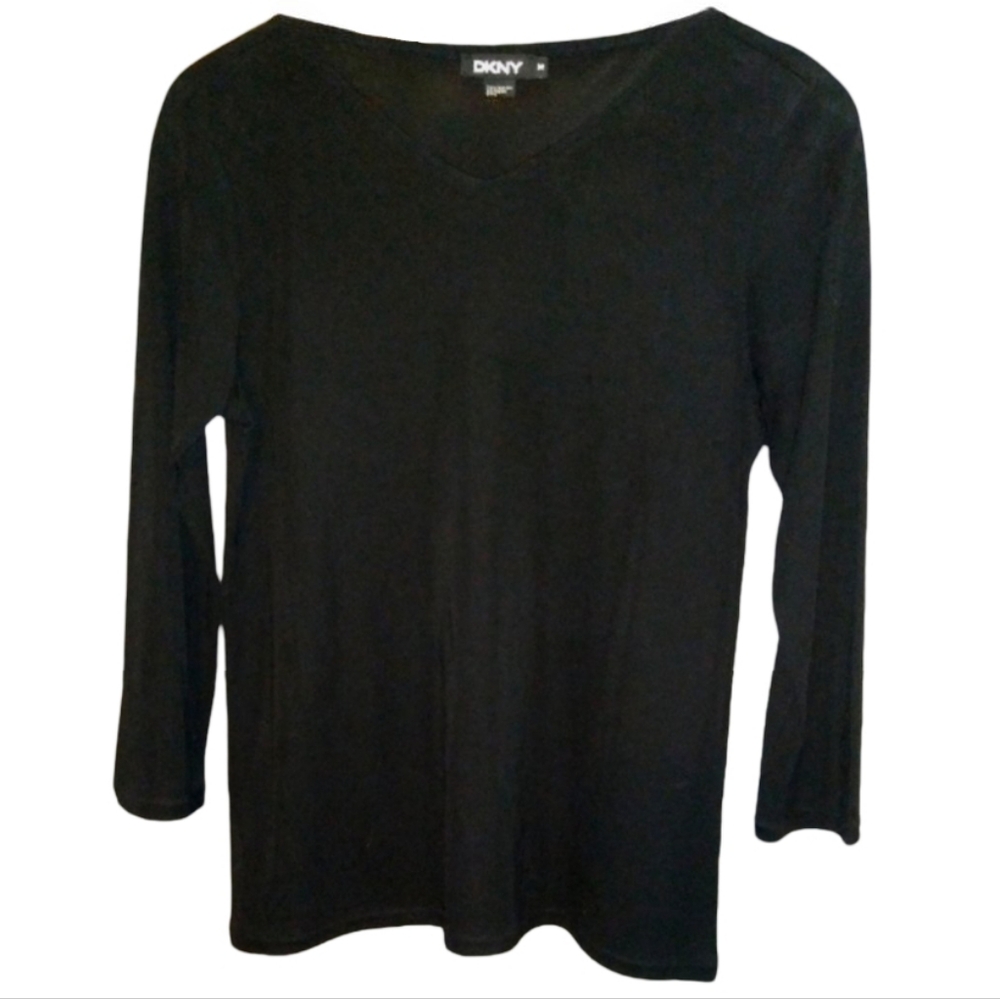 Designer DKNY Black Classic Blouse V Neck Loose Fit Donna Karan Vneck Top